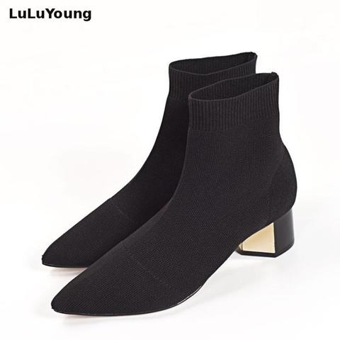 Knitted Elastic Socks Boots Medium Heeled Short Boots Women Point Toe Ankle Boots ► Photo 1/6