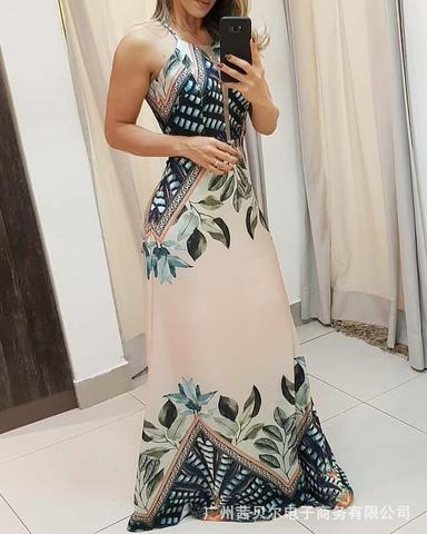 Wepbel Long Party Dress Women Summer Dress Sleeve Slim Fit Floral Printed O-neck A-line High Waist Dress ► Photo 1/4