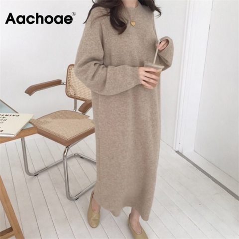 Aachoae Women Autumn Loose Long Dresses 2022 Solid O Neck Knitted Sweater Dress Female Long Sleeve Casual Dress Robe Femme ► Photo 1/6