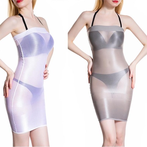 Sexy Women Glossy See Through Bamdeau Mini Dress Shiny Strapless Sheer Shiny Stretch Tube Dress Stripper Erotic Lingerie ► Photo 1/4