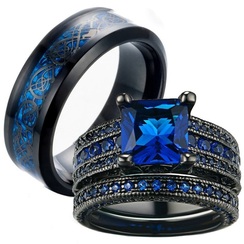 Carofeez Charm Couple Ring Men's Stainless Steel Ring Blue Zircon Women's Ring Sets Valentine's Day Wedding Bands Lover Gift ► Photo 1/6
