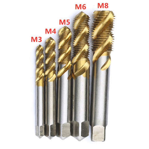 5pcs Titanium Coated Screw Thread Plug Tap HSS Spiral Flute Metric Machine Screw Tap Drill Set M3/M4/M5/M6/M8 ► Photo 1/6
