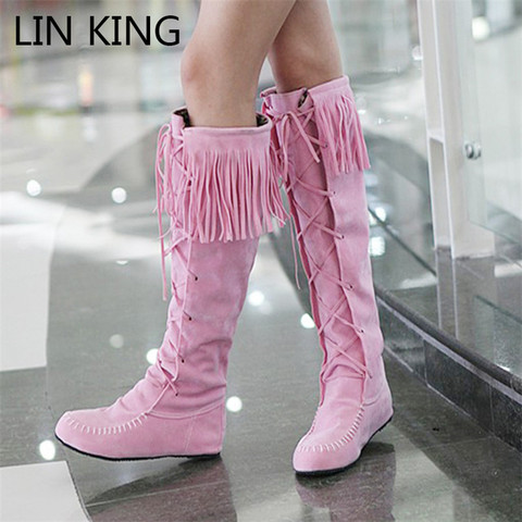 LIN KING Vintage Tassel Women Long Boots Round Toe Flats Motorcycle Shoes Fashion Woman Lace Up Knee High Boots Plus Size 34-43 ► Photo 1/6