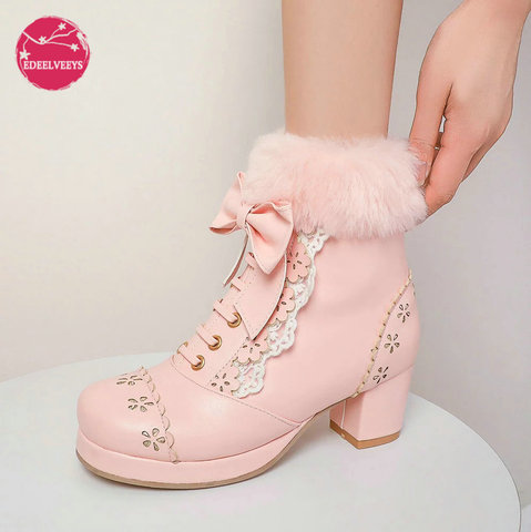 Lolita Girls Winter Boots Pink Women Fur Bowtie Butterfly-Knot Lovely Ladies JK-Uniform Japanese Cosplay Party Wedding Shoes ► Photo 1/6