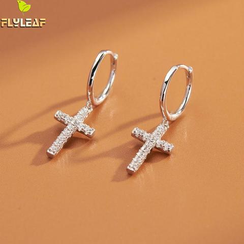 Real 925 Sterling Silver Zircon Cross Hoop Earrings For Women Fashion Female Luxury Jewelry Girl Student Accessories Flyleaf New ► Photo 1/6