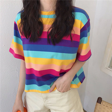 Rainbow stripes Harajuku short-sleeved tide t-shirt female ins tide 2022 super fire cec short paragraph loose umbilical shirt ► Photo 1/6