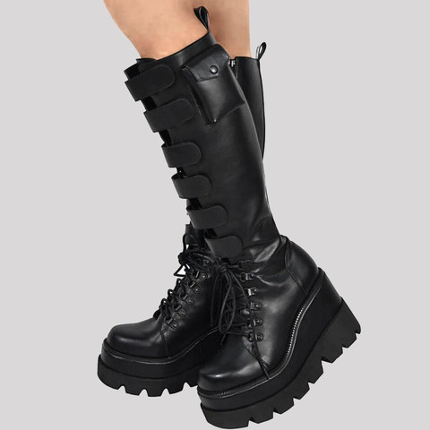 New Brand Design Big Size 43 Shoelaces Motorcycles Boots Female Platform Wedges High Heels mid-calf Boots Women Shoes ► Photo 1/6