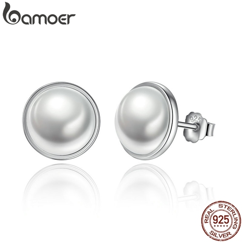 BAMOER Fashion 925 Sterling Silver Elegant Beauty, Round White Pearl Stud Earrings Women Engagement Jewelry Brincos PAS489 ► Photo 1/6