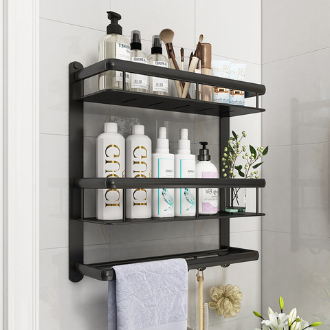 Bathroom Black Shelf Aluminum Shower Caddy Corner Shelves Bath Towel Rack Shampoo Holder with Towel Bar Hook Hair Dryer Holder ► Photo 1/6