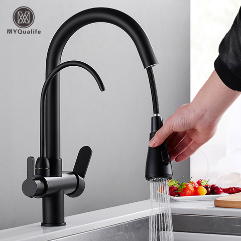 Matte Black Pure Water Kitchen Faucet Dual Handle Hot and Cold Drinking Water Pull Out  Kitchen Mixer Taps ► Photo 1/6