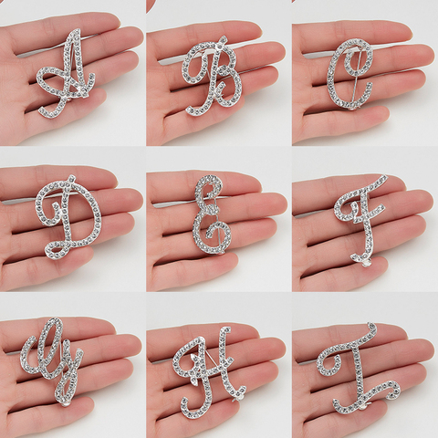 Personalize 26 Initial Letters Rhinestones Brooch Pins Silver Color Lapel Pin and Brooches for Women Men Shirt Clothes Bijoux ► Photo 1/6