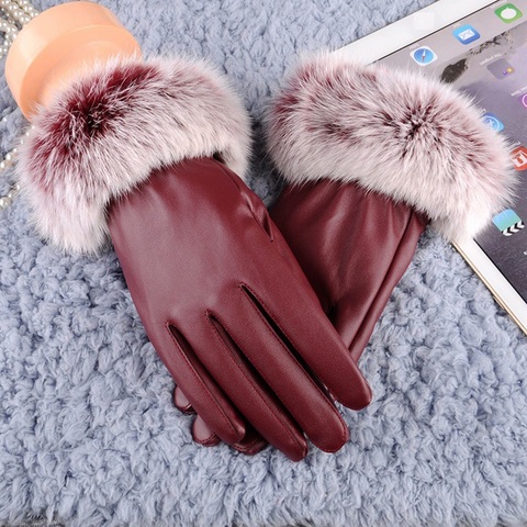 1 Pair Women PU Leather/Suede Velvet Winter Driving Warm Gloves Faux Rabbit Fur Warm Outdoor Touch Screen Bow Gloves Mittens ► Photo 1/6
