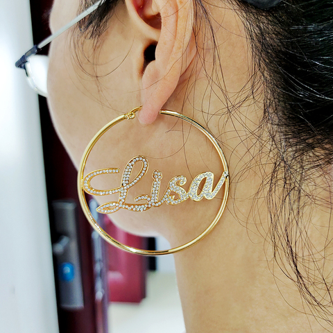 DODOAI 50-100MM Bling Name Earrings Custom Hoop Earrings Fashion Popular Custom Name Earrings Circle Point Diamond Jewelry ► Photo 1/6