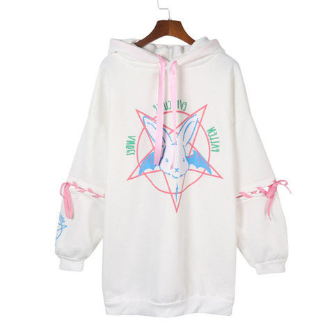 Harajuku Rabbit Pentagram Print Lace Up Women Fleece Streetwear Hoodies Gothic Punk Oversize Hooded Sweatshirt Pullover DG292 ► Photo 1/4