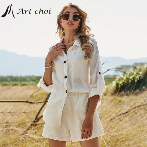 Spring Summer Two Piece Set Pullover Tracksuit Casual Outfit Suits Women White Shirt Blouse Tops Linen Shorts Pants 2 Piece Sets ► Photo 1/1
