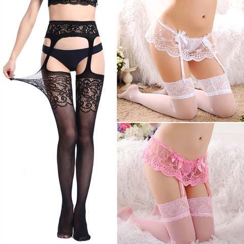 Women Transparent Sexy Lace Stockings With Suspender Garter Belt Fishnet Thigh High Stockings Female Lingerie Pantyhose ► Photo 1/6