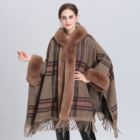 SWONCO Winter New Plaid Cape For Women Loose Coat Winter 2022 Faux Fox Fur Poncho Wool Coats Women Tassel Cloak Warm Outwear ► Photo 1/6