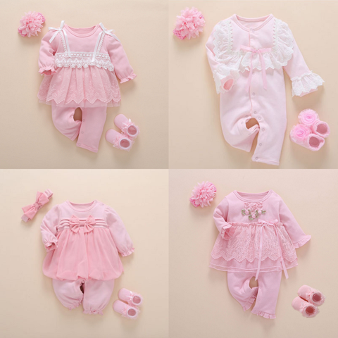 Newborn Baby Girl Clothes Fall Cotton Lace Princess Style Baby Jumpsuit 0-3 Months Infant Romper With Socks Headband ropa bebe ► Photo 1/6
