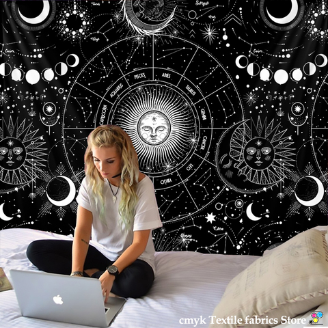 White Black Sun Moon Mandala Starry Sky Tapestry Wall Hanging Bohemian Gypsy Psychedelic Tapiz Witchcraft Astrology Tapestry ► Photo 1/6