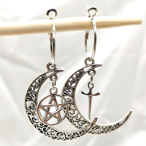 Pentagram Crescent Moon earrings ,Moon and Star earring,sword Pagan earring,Magic wand Wiccan earring,Pentagram moon ► Photo 1/2