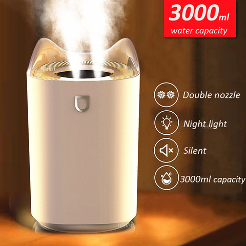 Home Air Humidifier 3000ML Double Nozzle Cool Mist Aroma Diffuser with Coloful LED light Heavy fog Ultrasonic USB Humidificador ► Photo 1/6