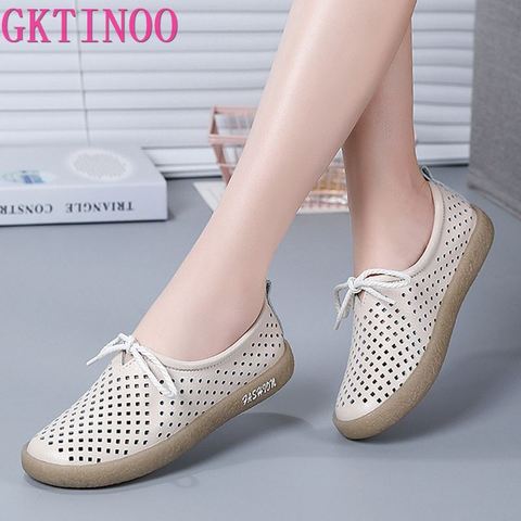 GKTINOO New Breathable Genuine Leather Summer Shoes Woman Flats Hollow Comfortable Ladies White Loafers Soft Casual Shoes ► Photo 1/6