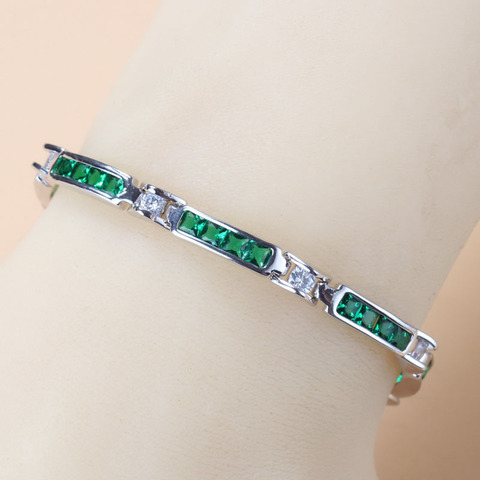 Bridal Costume 925 Silver Charm Bracelet Bangle With Natural Stone CZ Green Women Jewelry Adjustable Length 17.5+3CM ► Photo 1/6