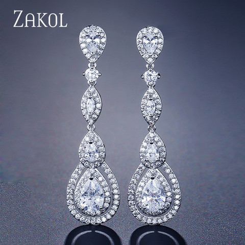 ZAKOL Luxury Water Drop Pear Cubic Zircon Long Dangles Elegant Earrings for Women Bridal Wedding Jewelry Dress FSEP2114 ► Photo 1/6