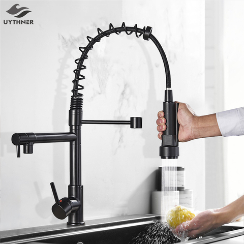 Uythner Black Brass Kitchen Faucet Vessel Sink Mixer Tap Spring Dual Swivel Spouts Hot and Cold Water Mixer Tap Bathroom Faucets ► Photo 1/1
