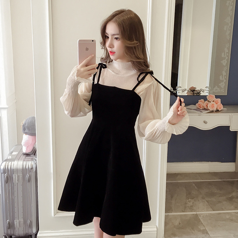 Elegant Two Piece Dress Women Autumn Winter Korean A-Line Tops and Black sundress Streetwear dress vestidos ► Photo 1/6