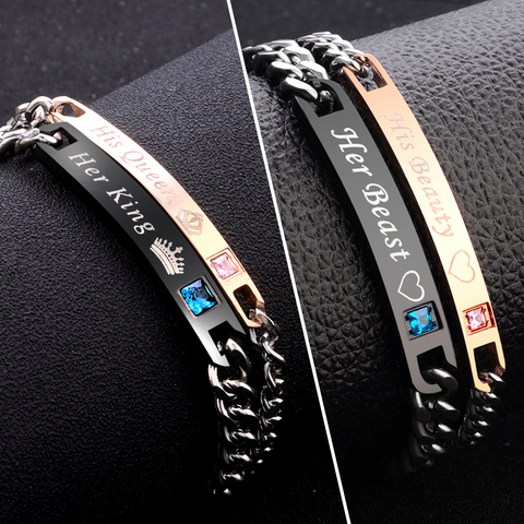 2 Style His Queen Her King Black Rose Gold Color Women's Male Chain Crystal Couple Bracelet for Men Femmo on Hands Jewelry ► Photo 1/6