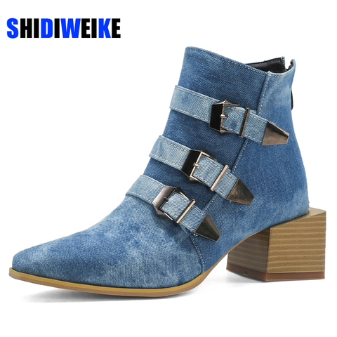 Denim Boot Square heel Women Boots Buckle Ankle 2022 New Pointed Toe Lady Shoes Spring Autumn Footwear Casual Heels AB957 ► Photo 1/6