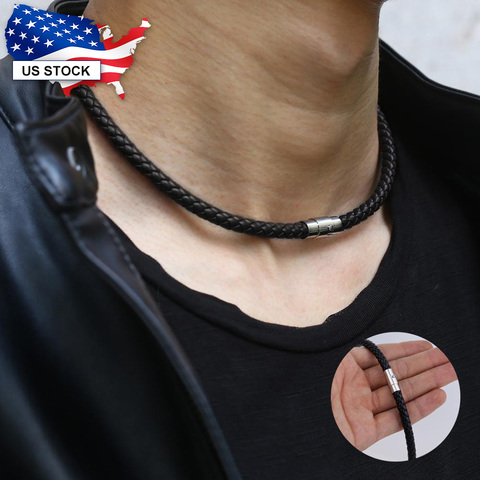 4/6/8 mm Black Brown Man-made Leather Necklace Chocker Braided Cord Rope Link Chain Silver Color Stainless Steel Clasp LUN48 ► Photo 1/6