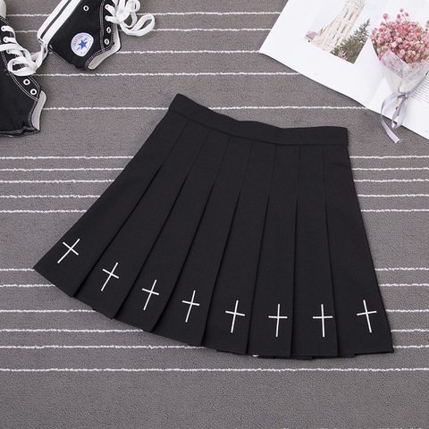 Women Harajuku Sweet Fresh Feeling High Waist Pleated Skirt Elastic Waist Cross Embroidery Skirt Pleated Skirt ► Photo 1/5