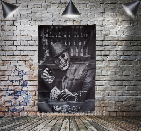 Skull with  bowler hats smoking poker card wine darkness   Banner Home Decoration Hanging flag 4 Gromments in Corners 3*5FT ► Photo 1/1