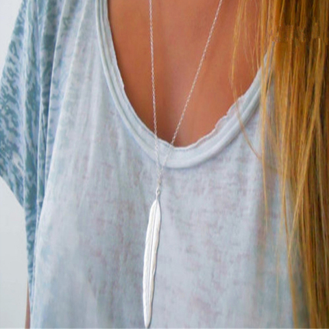 2022 New Fashion Womens Vintage Long Necklace Jewelry Gold/silver Color Simple Feather Pendant Necklaces Jewelry Gifts ► Photo 1/6