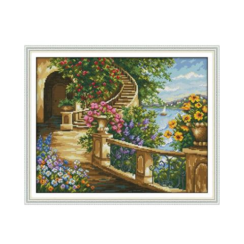 Spring balcony cross stitch kit aida 14ct 11ct count print canvas cross stitches   needlework embroidery DIY handmade ► Photo 1/2