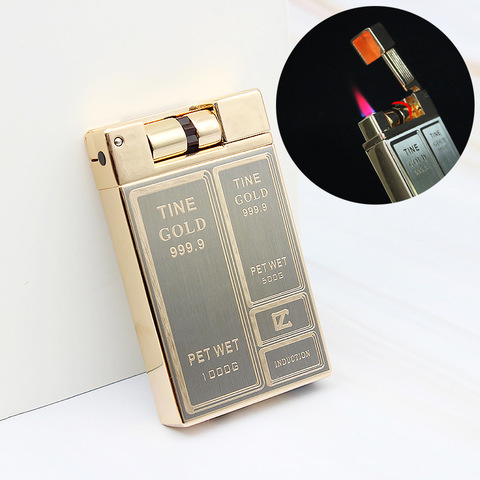 High-end Luxury Gold Brick Jet Metal Lighter Torch Turbo Grinding Wheel Butane Gas Lighters Flint Inflated Gasoline Oil Lighter ► Photo 1/6