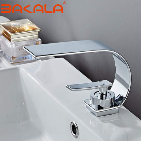 Copper Single Hole Dual Handles Hot and Cold Basin Mixer Faucet Creative Waterfall Water Outlet Bathroom Vessel Sink Mixer Taps ► Photo 1/6