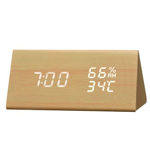 ntelligent Digital Humidity and Temperature Alarm Clock Triangle Digital Baby Room Wood Clock Mute Luminous LED Electronic Gift ► Photo 1/6