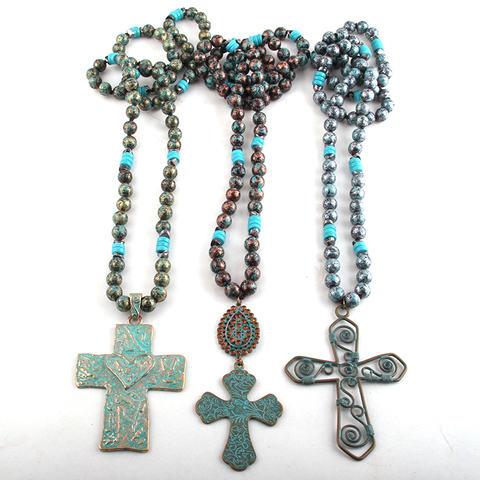 RH Fashion Beaded Jewelry 10mm CCB Bead Long Knotted Metal Blue Cross Pendant Necklaces For Women ► Photo 1/6