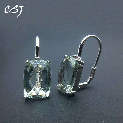 CSJ Elegant Natural Green Amethyst Earring Sterling 925 Silver Cushion 10*14mm 12Ct Fine Jewelry For Women Lady Party Gift Box ► Photo 1/6