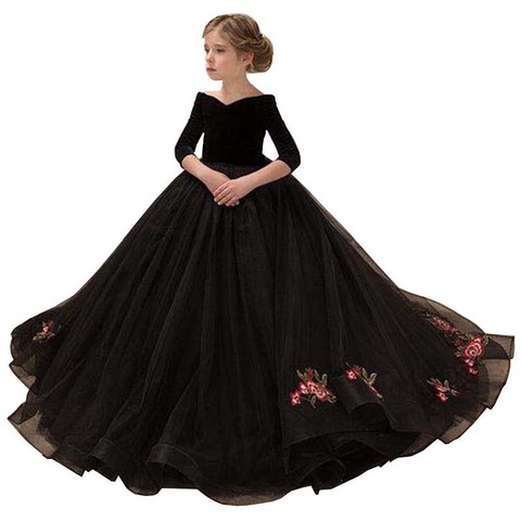 2022 New Kids Dresses Girl Elegant Long Prom Black Embroidery Tulle Gowns Children 8 Grade Graduation Dresses ► Photo 1/6