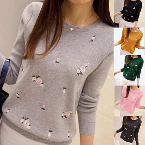 Women Fashion Floral Embroidery O Neck Pullover Knitted Jumper Sweater Knitted Sweater Pullover Knitted Casual Streetwear ► Photo 1/6