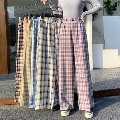 Simple Vintage Plaid Causal Long Women Pants Street Fashion Straight Wide Leg Pant ► Photo 1/6