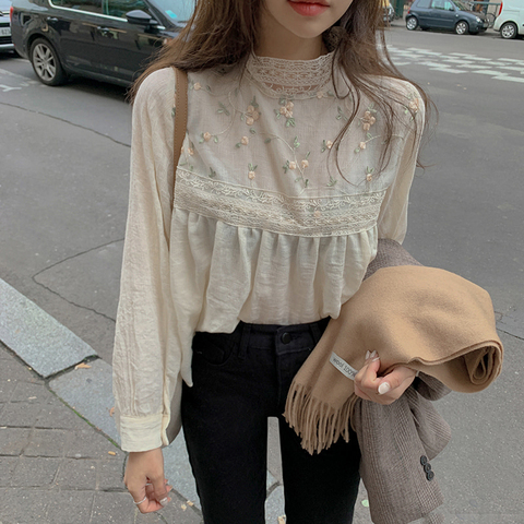 Alien Kitty New Elegant Lace Stand Collar Blouse Shirt Sexy Hollow Out Floral Embroidery Feminine Blouses Women Long Sleeve Tops ► Photo 1/6