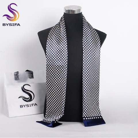 [BYSIFA] Brand Men Silk Scarf Muffler Winter Fashion Accessory 100% Pure Silk Male Plaid Long Scarves Cravat Navy Blue 160*26cm ► Photo 1/6