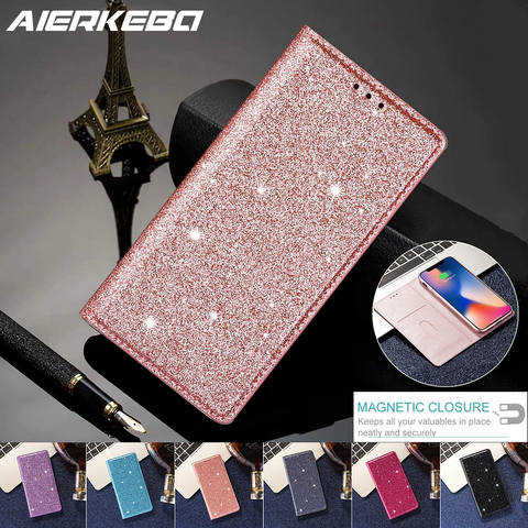 Glitter Leather Magnetic Flip Case for IPhone X Xr Xs 11 12 Mini Pro Max SE 2022 8 7 6 6S Plus Bling Wallet Card Holder Cover ► Photo 1/6