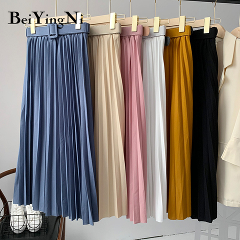 Beiyingni Women Pleated Midi Skirt High Waist Belt Korean Plus Size Spring Summer 2022 Casual Elegant Skirts Ladies Fashion Saia ► Photo 1/6