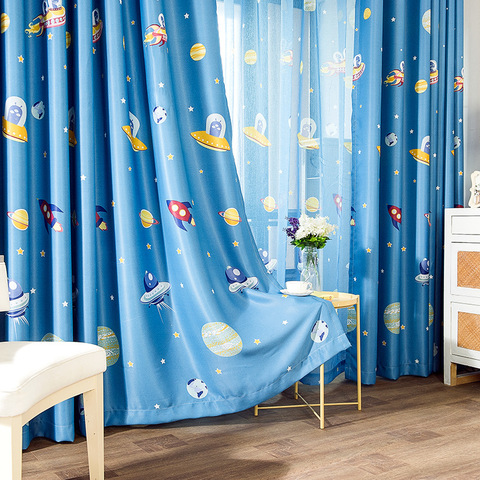 Cartoon Rocket Spaceship Printed Curtain for Kids Children Boy Blackout Nursery Blue Outer Space French Window Blinds zh416C ► Photo 1/6